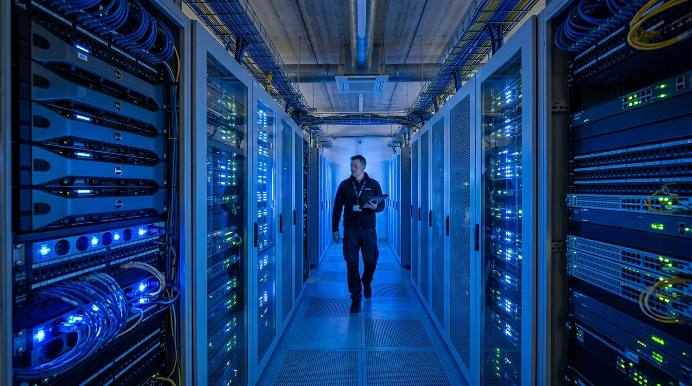 Technicien inspectant une baie de serveurs dans un data center