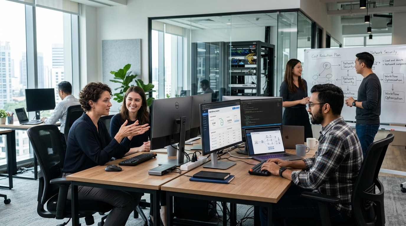 Équipe IT collaborant sur un plan de réduction des coûts et la sécurité réseau